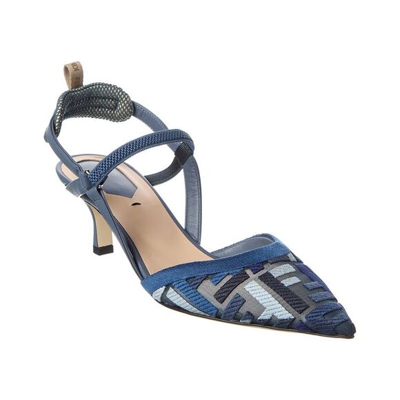 Fendi Ff Colibri Lite Medium Mesh & Leather Slingback Mule Blue